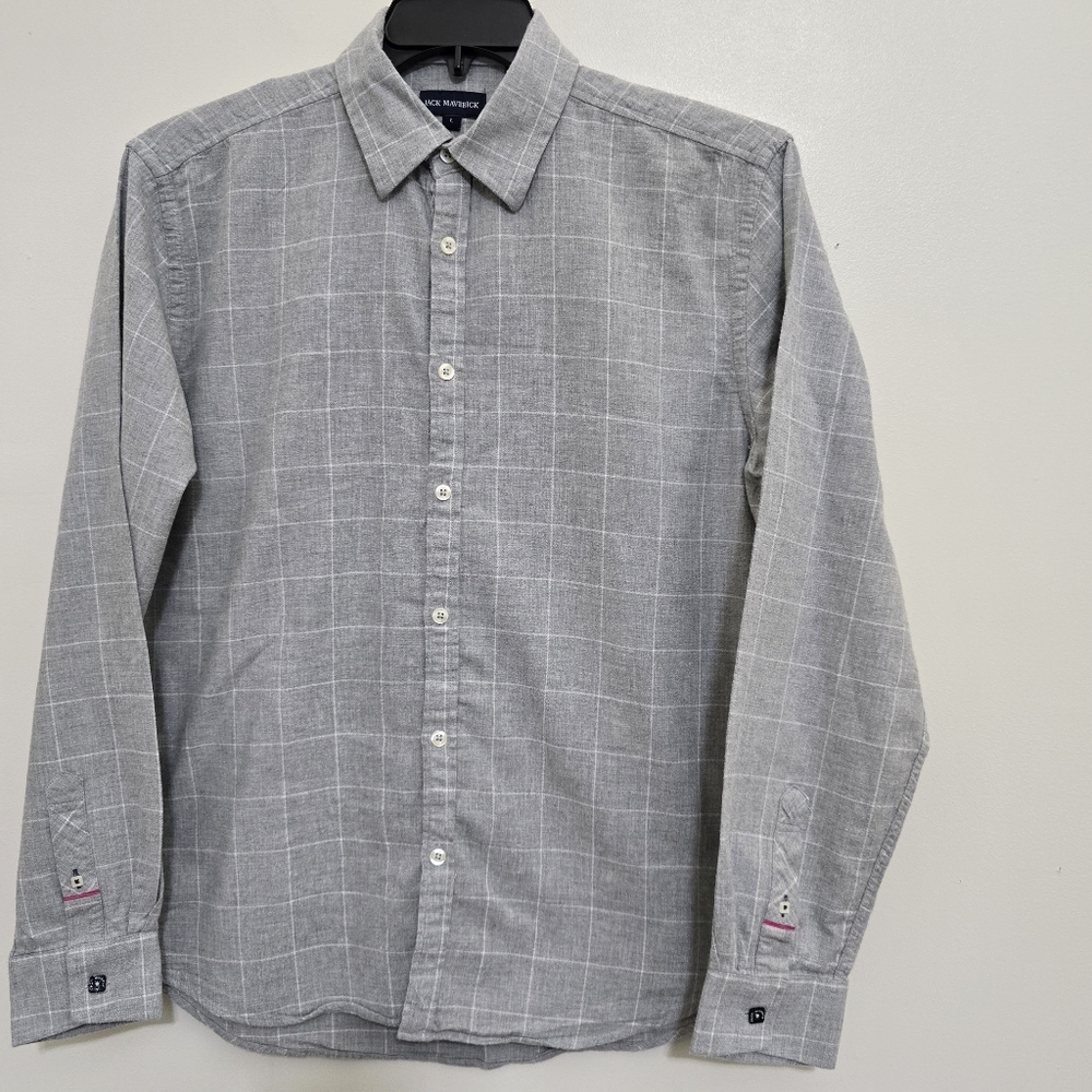 JACK MAVERICK size Large Slim Fit Brushed Flannel Plaid‎ Button Down Shirt Gray